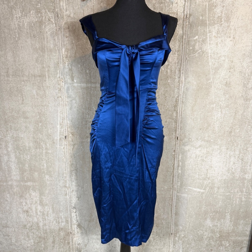 Betsey Johnson Navy Blue Satin Ruched Tie Front Midi Cocktail Dress NWT Size 4